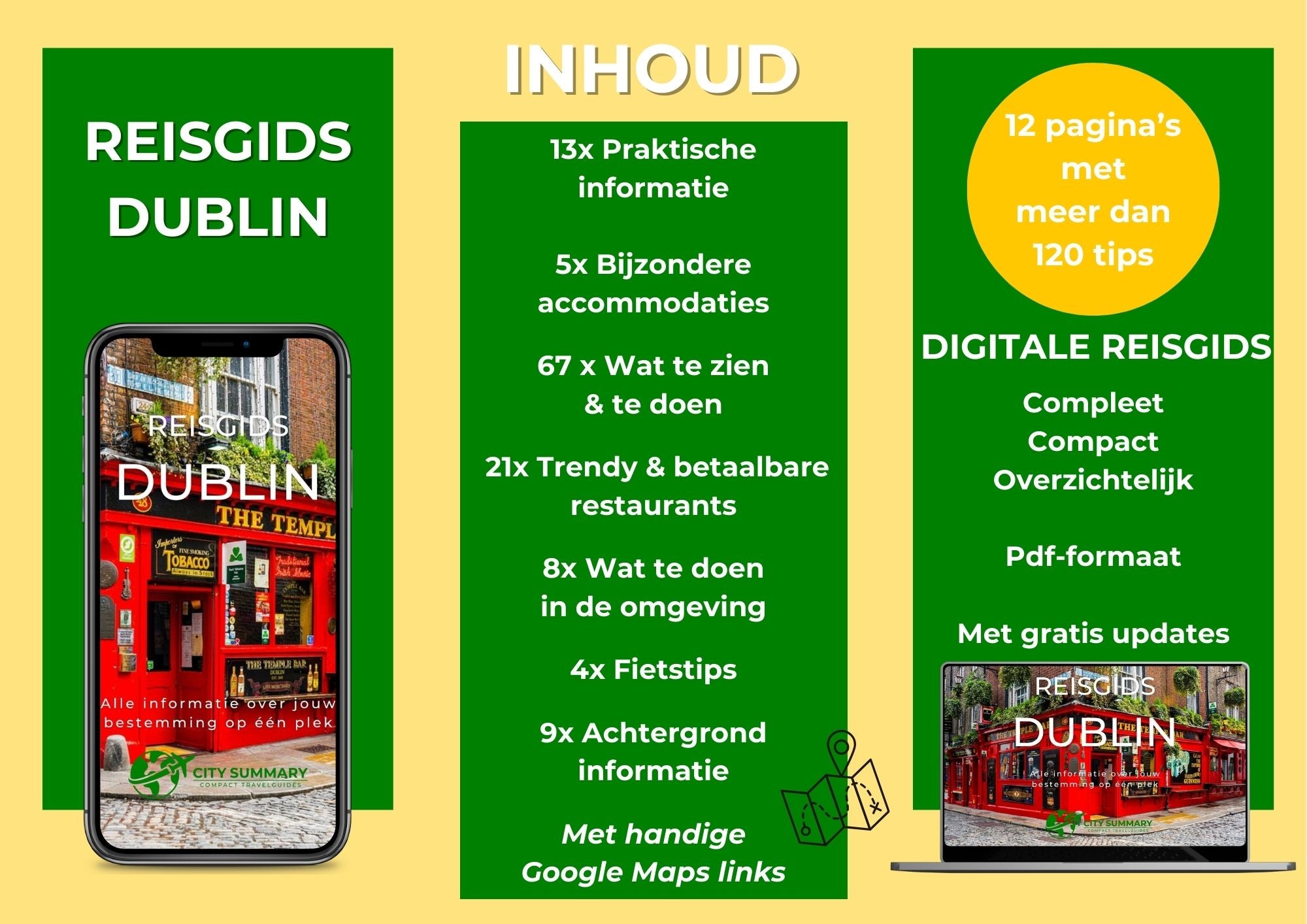Overzicht en opsomming van de inhoud van de reisgids Dublin handig op je mobiel
