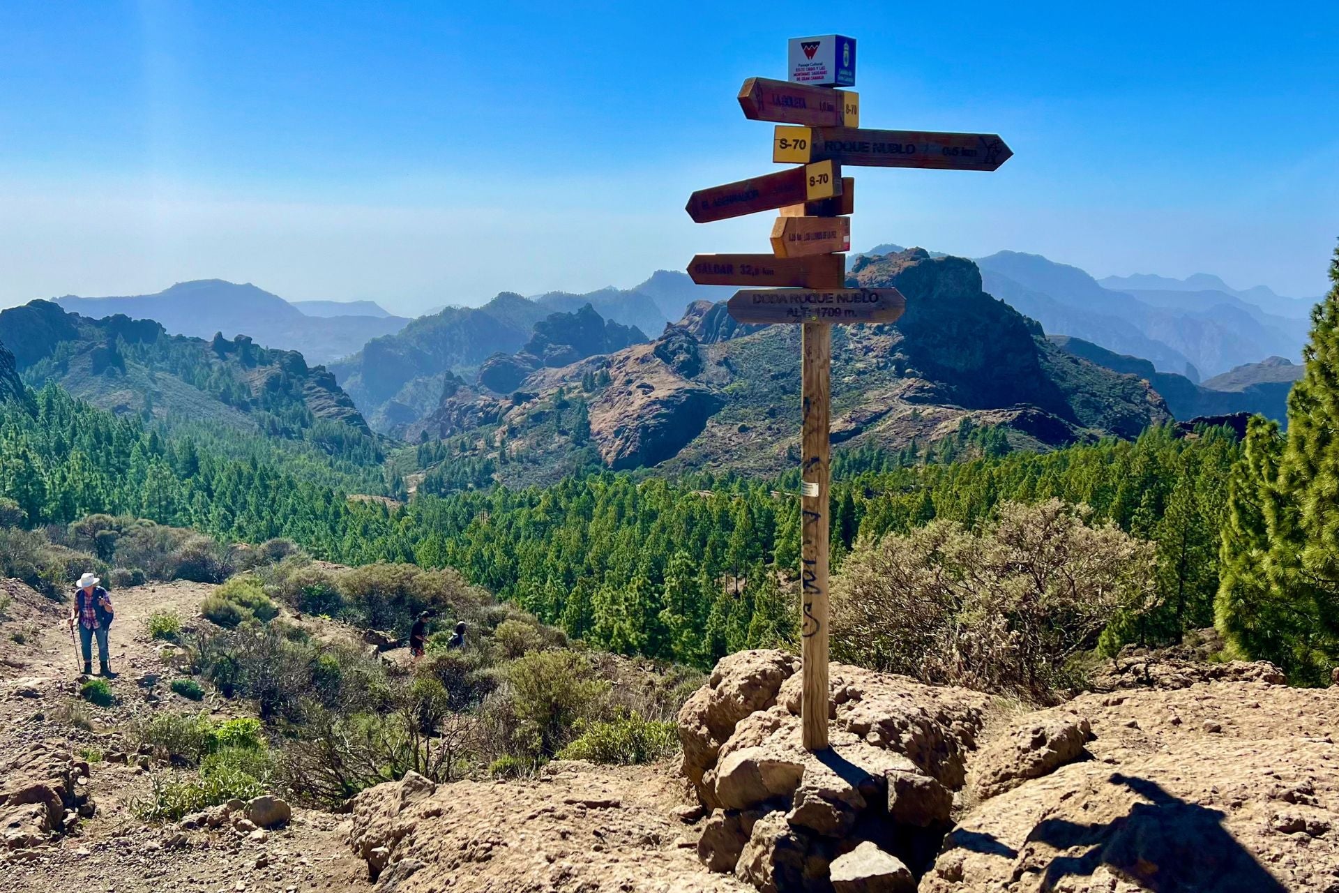 Boven op de berg Roque Nublo kijk over het berggebied en op de voorgrond staat een wegwijzer