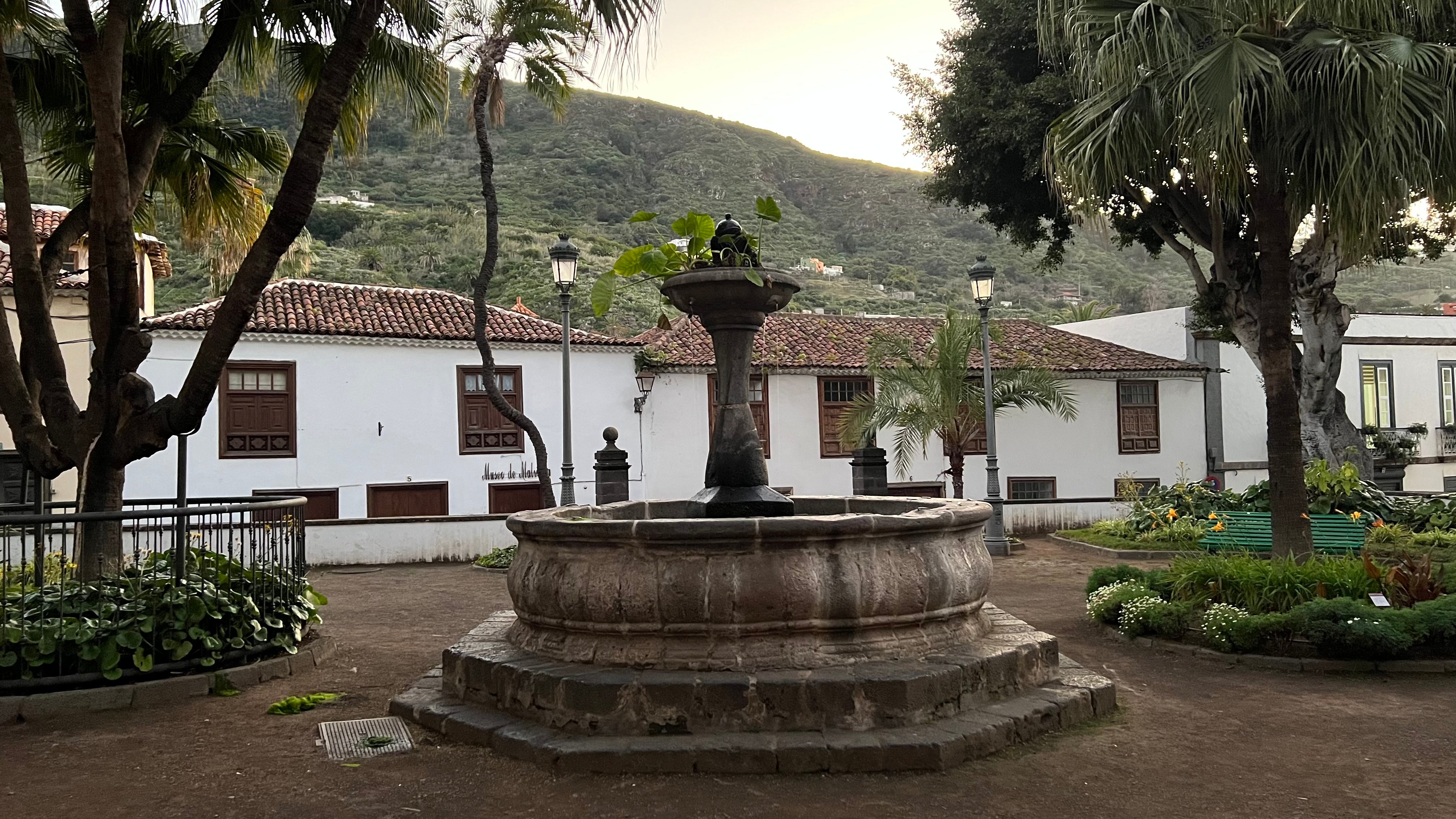 Plein met fontein en palmbomen in Icod de los Vinos op Tenerife