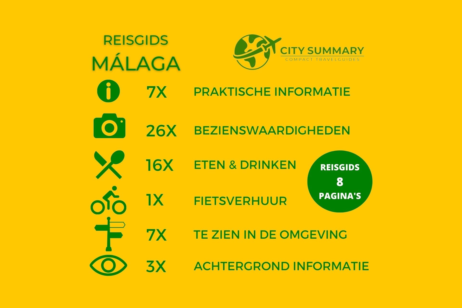 Infographic van de onderwerpen in de reisgids Malaga