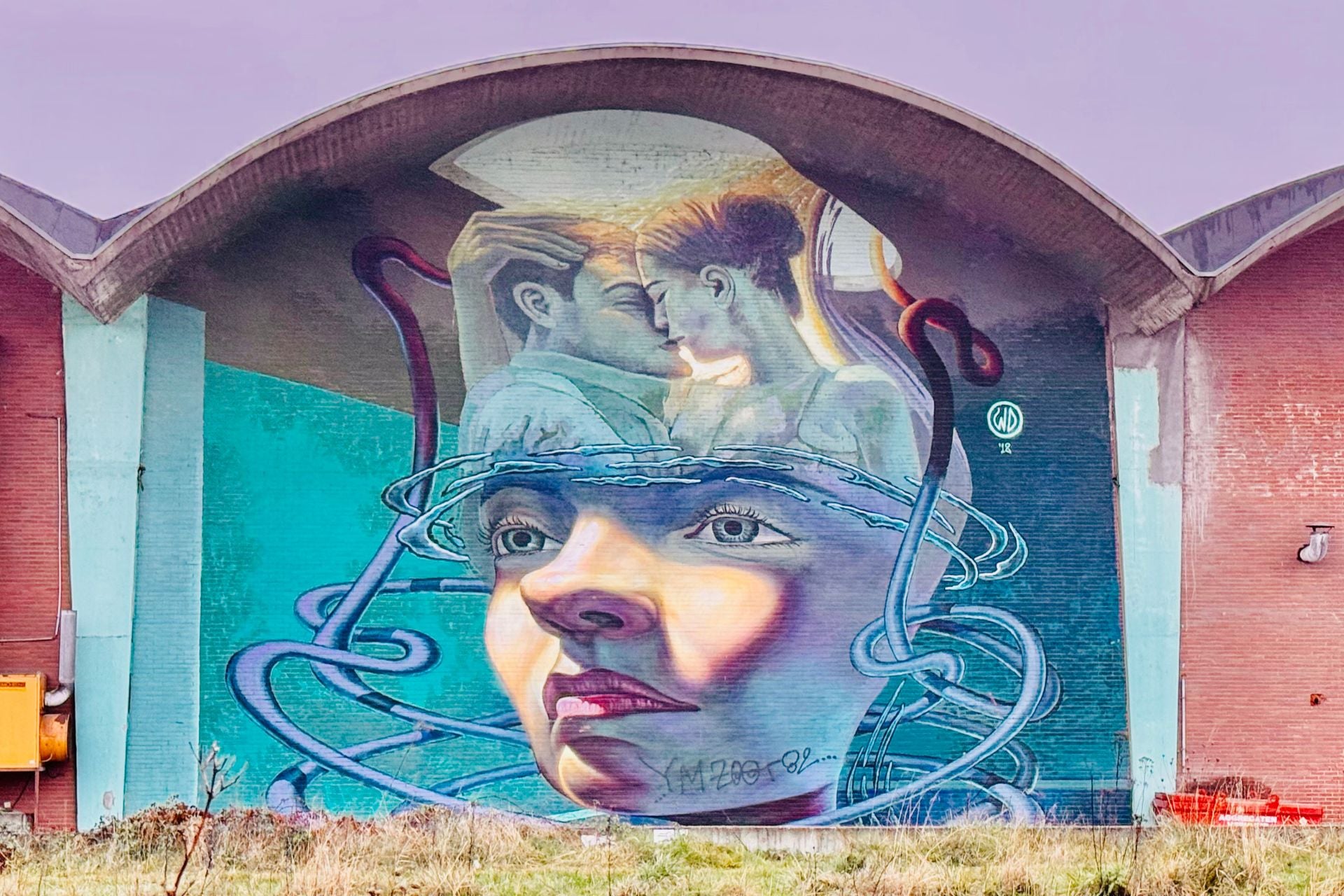 Kleurrijke street art-muurschildering in de havenwijk van Antwerpen, met een portret en abstracte elementen als onderdeel van een stedelijke kunstwandeling.