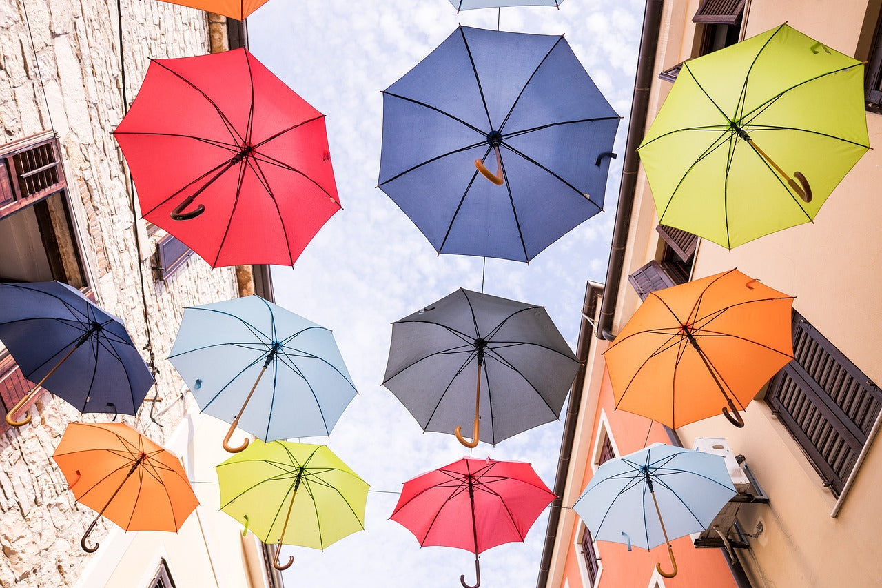 Gekleurde paraplu's hangen boven een straatje in Istrië, Kroatië